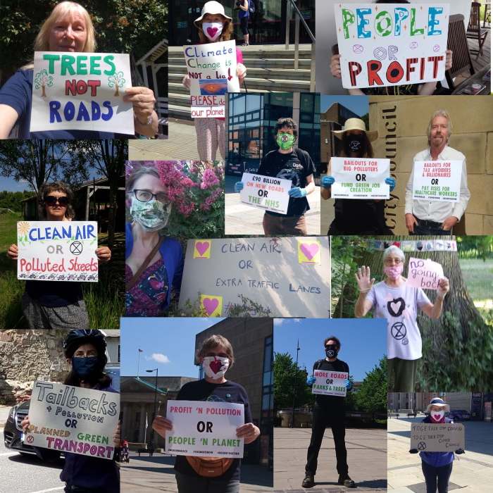 collage of rebels holding signs and wearing masks and gloves and standing apart.